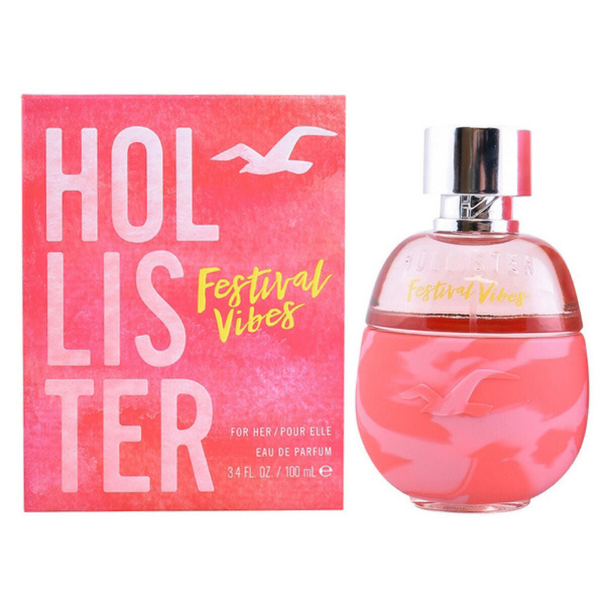 Women's Festival Vibes for Her Hollister EDP perfume bottle, 100 ml, showcasing the bodycare product with vibrant packaging.