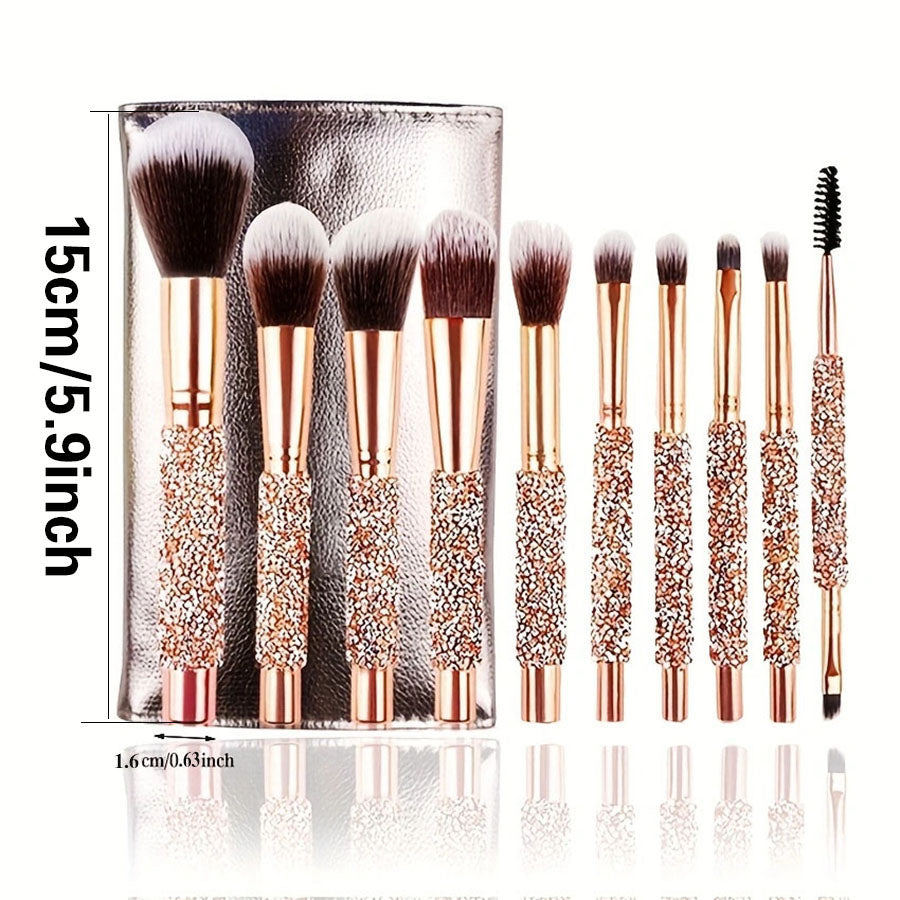 10Pcs Luxury Makeup Brush Set Diamond Rivet Handle Design Crystal