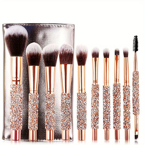 10Pcs Luxury Makeup Brush Set Diamond Rivet Handle Design Crystal