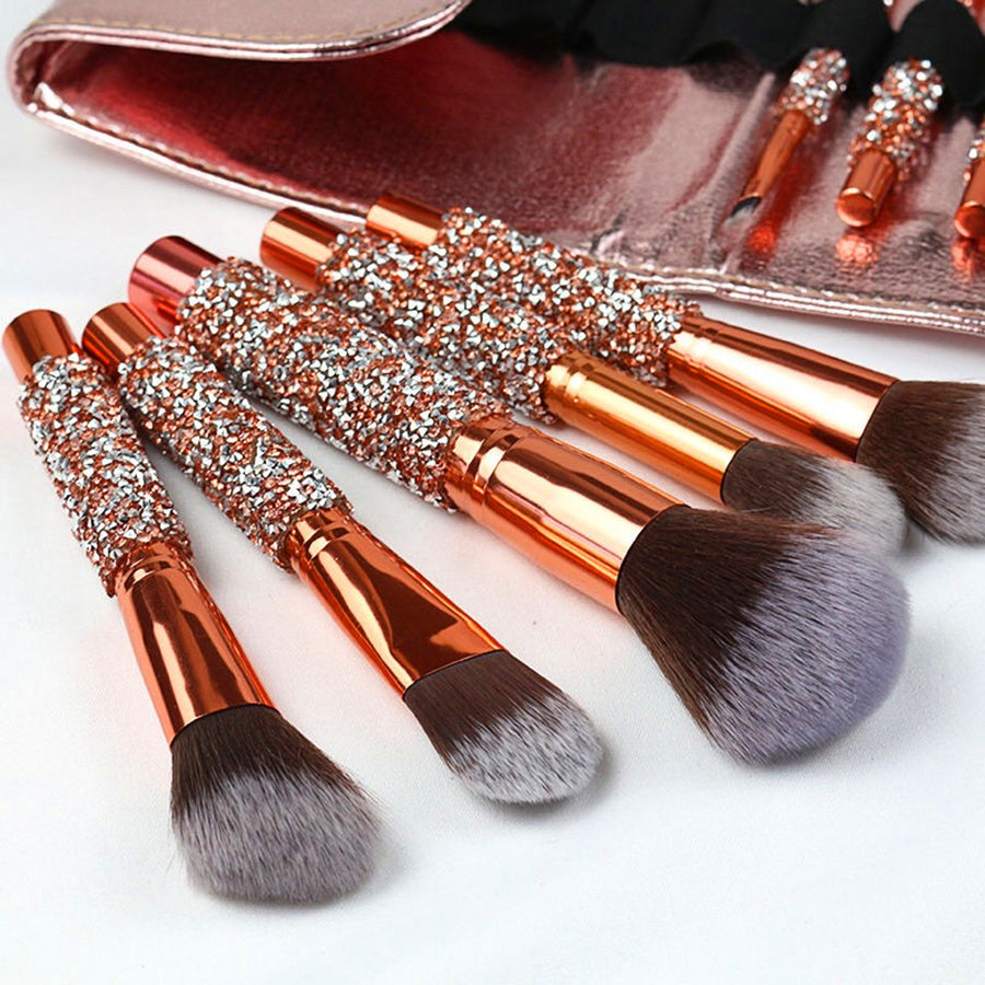 10Pcs Luxury Makeup Brush Set Diamond Rivet Handle Design Crystal