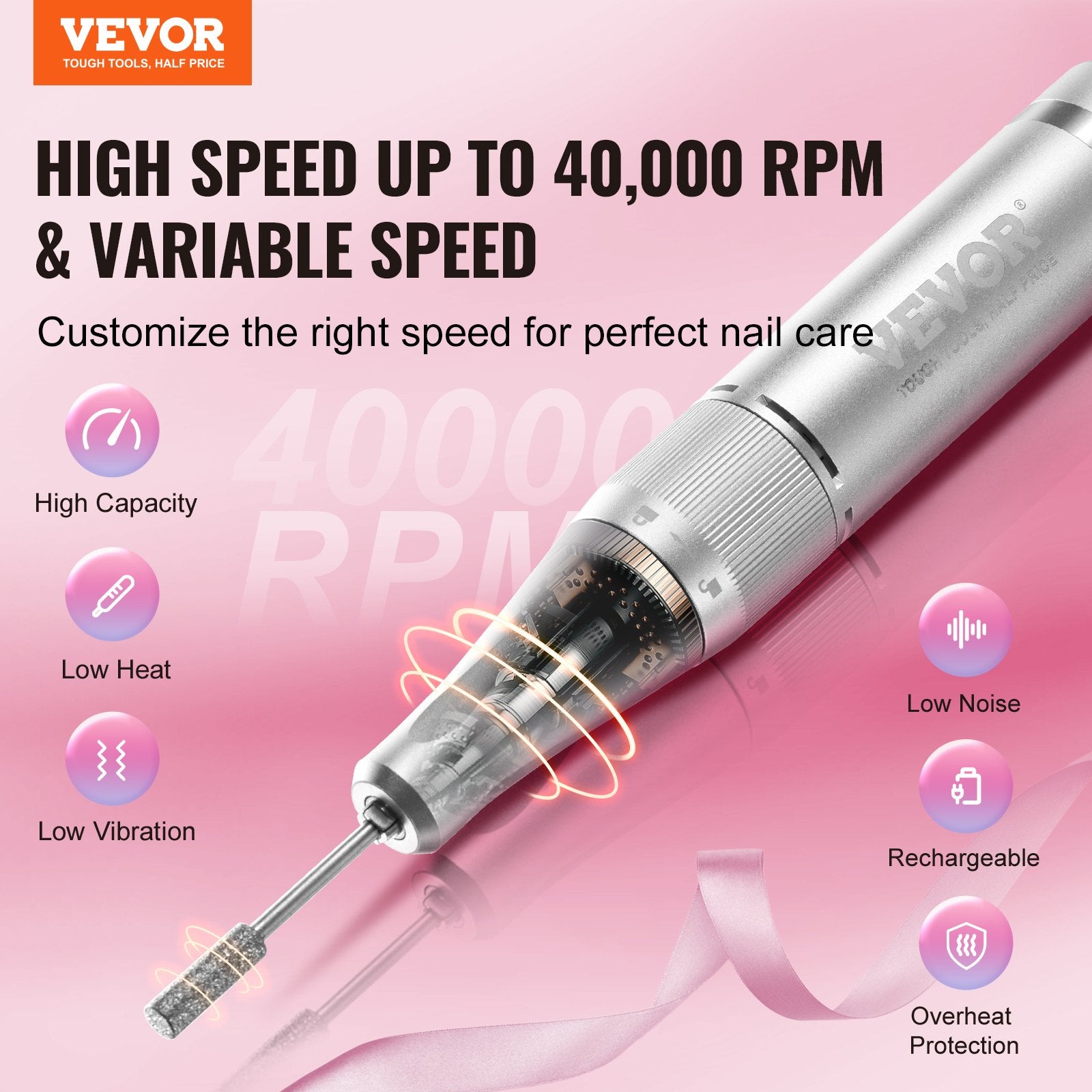 Electric Rechargeable Nail Drill, 40,000RPM Portable Cordless Nail E