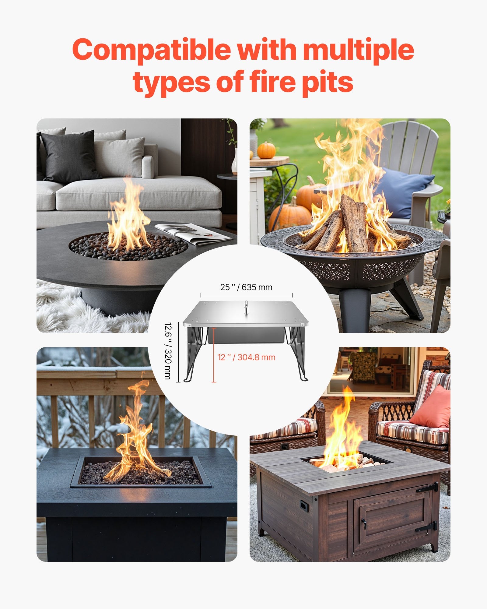 Fire Pit Heat Deflector, 645x645x370 mm Square Outdoor Burner Cover,