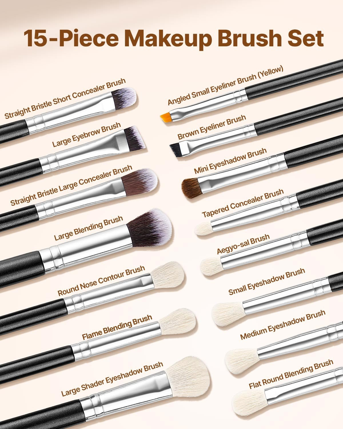 15-Piece Makeup Brush Set for Foundation Blending Eyeshadow,